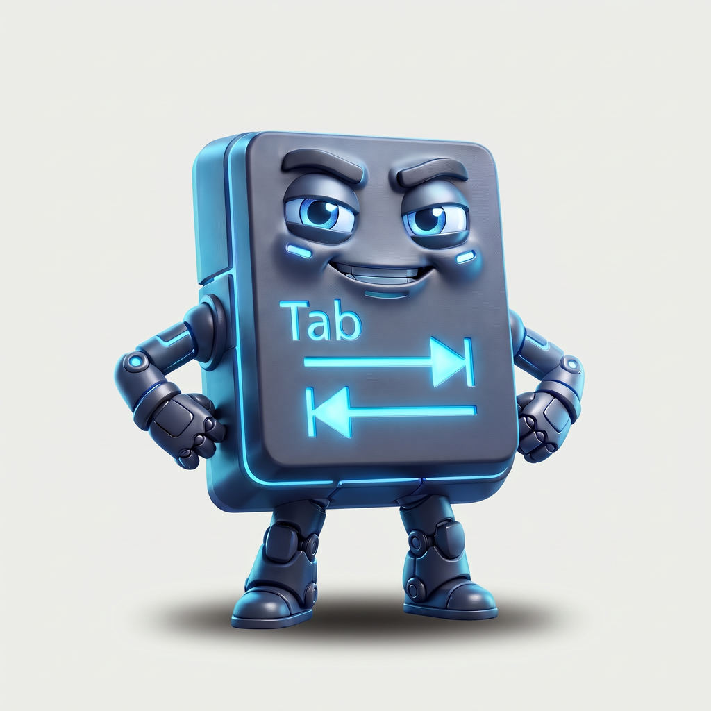 Tabs, a confident graphite Tab-key mascot with glowing cyan arrows, robotic arms and little boots
